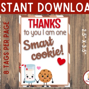 Teacher Appreciation Printable Tag, Smart Cookie Tag, Cookie Tag, One Smart Cookie, Teacher Thank You, Teacher Appreciation Digital Tag
