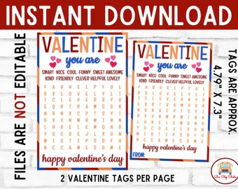 Op de afbeelding: Twee printbare Valentijnsdag-labels met een woordzoeker. De labels zijn 12,17 cm bij 18,54 cm en hebben een rood-wit-blauw kleurenschema. De tekst op de labels luidt "Valentine you are" en "Happy Valentine's Day".