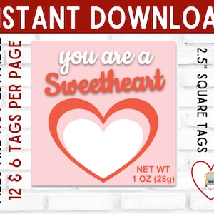 Carte à biscuits imprimable, carte de Saint-Valentin à téléchargement instantané, étiquette de la Saint-Valentin, Easy Valentine, You Are A Sweetheart Valentine COOKIE CARD, Heart Tag