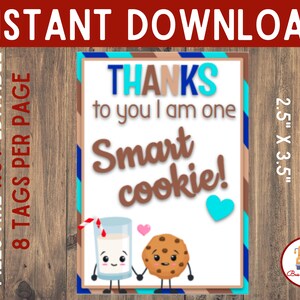 Teacher Appreciation Printable Tag, Smart Cookie Tag, Cookie Tag, One Smart Cookie, Teacher Thank You, Teacher Appreciation Digital Tag