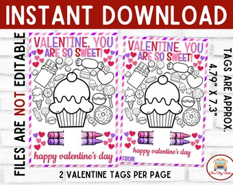 Valentine's Day Coloring Gift Tag, Class Valentine, Valentine You Are So Sweet, School Gift Tag, Valentine Activity Tag, Friend Valentine