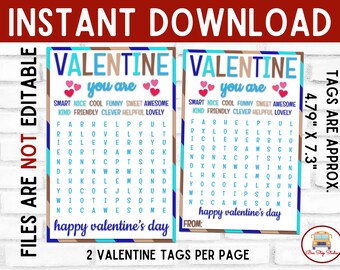 Op de afbeelding: Twee printbare Valentijnsdag-tags met een woordzoeker. De tags zijn blauw, bruin en wit met roze harten. De tekst op de tags luidt "Valentine you are" en "Happy Valentine's Day".