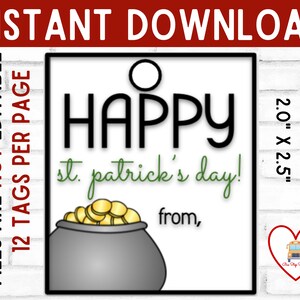 Tag stampabile del giorno di San Patrizio, tag di San Patrizio, tag pentola d'oro, download istantaneo biglietto del giorno di San Patrizio, tag regalo del giorno di San Patrizio felice