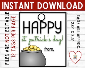 Etiqueta para impressão do Dia de São Patrício, Etiqueta de São Patrício, Etiqueta do Pote de Ouro, download instantâneo Cartão do Dia de São Patrício, Etiqueta de presente do Feliz Dia de São Patrício