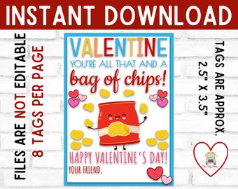 Bag of Chips Valentine's Day, You Are All That And A Bag Of Chips, School Classroom Gift Tag, Instant Download Gift Tag Valentine, Class Tag