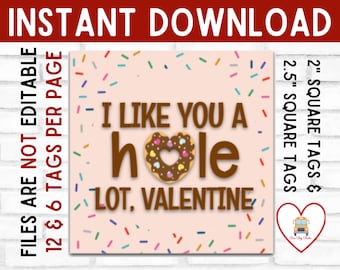 I like you a hole lot donut SQUARE TAG, printable cookie tag, instant download valentines tag, sweets tag, valentine gift, donut tag