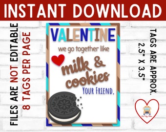 Valentine's Day Printable Tag, Cookie Tags, Milk and Cookies Tags, Class Valentine, Easy Valentine, Class Valentine's Day Tag, Cookies