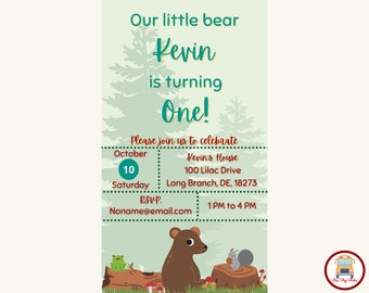 Convite digital de primeiro aniversário, convite de aniversário do ursinho, personalize e edite com modelo Canva, download instantâneo