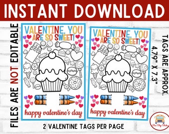 Valentine's Day Coloring Gift Tag, Class Valentine, Valentine You Are So Sweet, School Gift Tag, Valentine Activity Tag, Friend Valentine