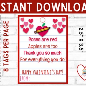 Valentine Gift Tag, Easy Staff Valentine, Teacher Valentine Tag, Valentine's Day Gift Tag, Roses are Red, Violets are Blue, Thank You Tag
