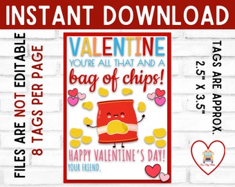 Bag of Chips Valentine's Day, You Are All That And A Bag Of Chips, School Classroom Gift Tag, Instant Download Gift Tag Valentine, Class Tag