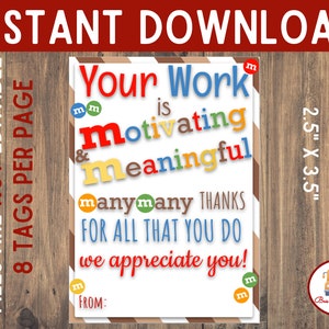 Printable Teacher Gift Tags, M&M Teacher Tags, mm Tags, Easy Teacher Appreciation, Teacher Thank You, Teacher Appreciation Week or Day