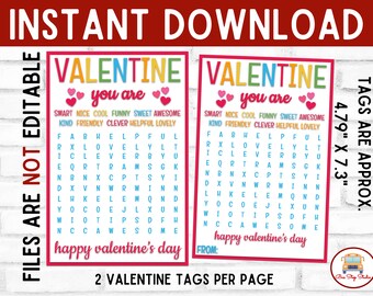 Op de afbeelding: Twee printbare Valentijnsdag-labels met een woordzoeker. De labels zijn roze, rood en regenboogkleurig. De tekst op de labels luidt "Valentine you are" en "Happy Valentine's Day". De labels zijn ongeveer 12,17 cm bij 18,54 cm.