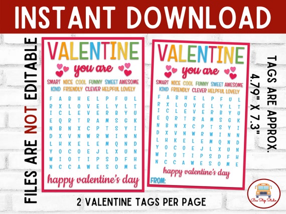 Word Search Valentine's Day Gift Tag, Class Valentine, Valentine Activity Tag, School Gift Tag, Instant Download, Easy Valentine, Word Tags