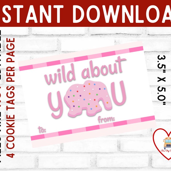 wild about you, valentine, cookie card, printable cookie card, instant download, valentine card, cookie tag, Cookies, Sweets valentine tag