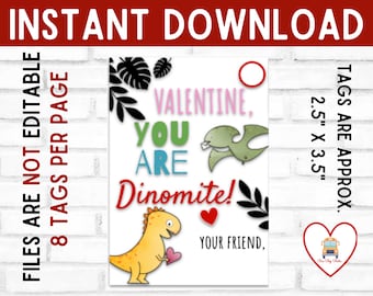 Valentine's Day Dinosaur Printable Tag, Dinosaur Valentine, Dinomite Valentine, Class Valentine, Dinosaur, Dino Valentine, Neutral Valentine