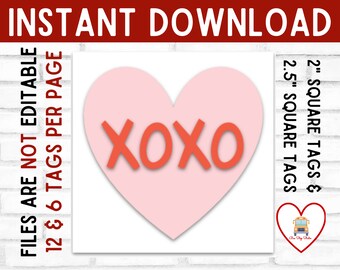 Tarjeta de galleta imprimible, Tarjeta de San Valentín de descarga instantánea, Etiqueta de San Valentín, San Valentín fácil, XOXO SQUARE TAG, Etiqueta de galleta, Etiqueta de San Valentín, Etiqueta de regalo