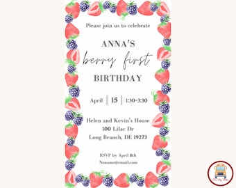 Convite digital de primeiro aniversário, convite de primeiro aniversário de Berry, personalize e edite com modelo Canva, download instantâneo