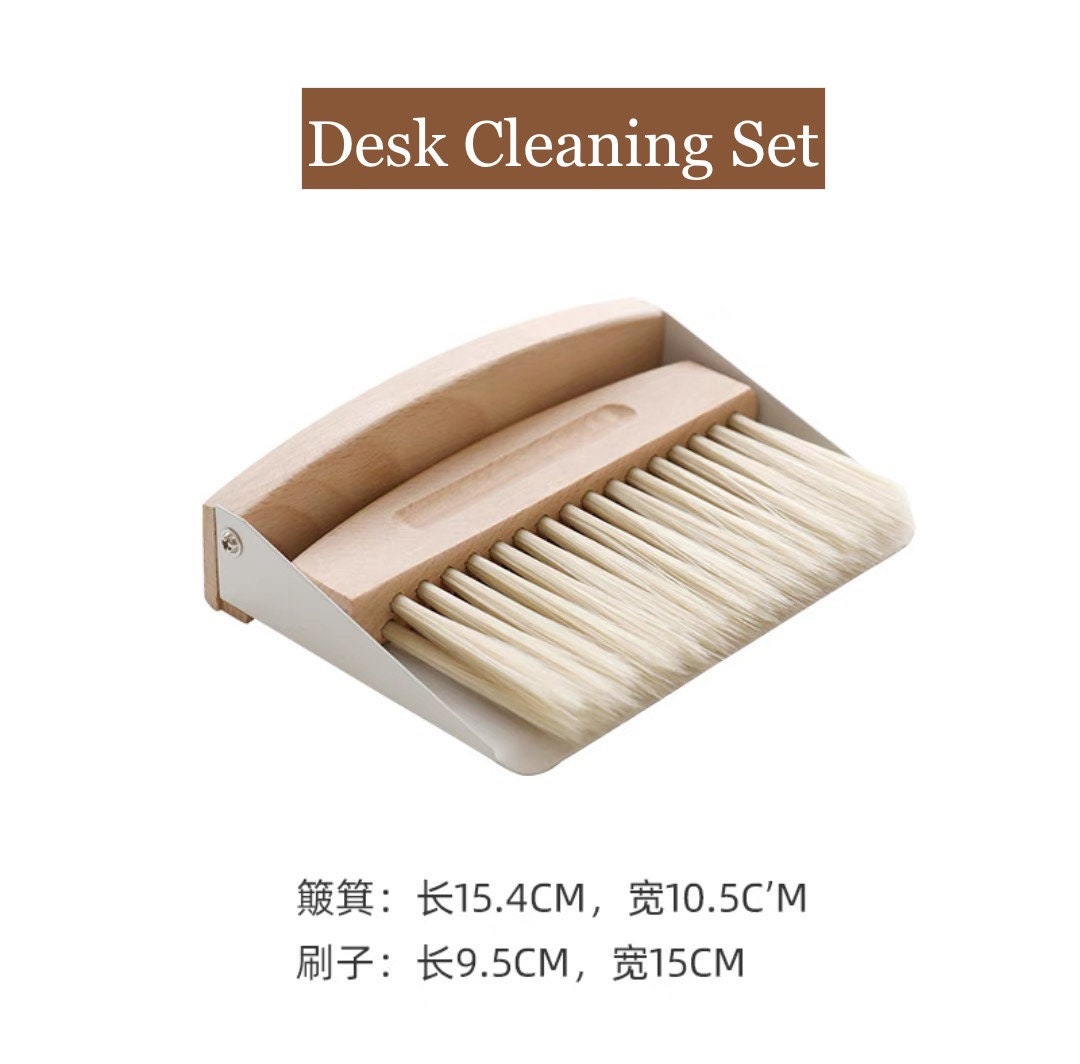 Desk Cleaning Kit Childsized Wooden Broom and Dustpan Attached