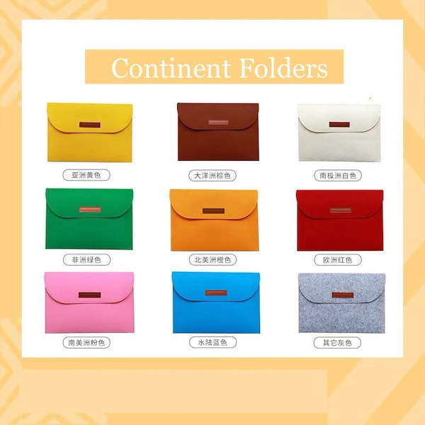 Continent Folders Montessori Culture Area Geography Folders Corresponding Color-coded Continent Color Non-woven Fabric File Bag Pocket A4