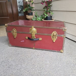 Fantastic Vintage Large Burgundy and Brass Metal Trunk/Travel Case in Beautifully Aged Original Condition with Key!