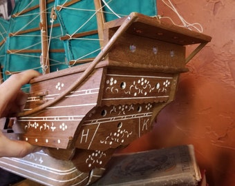 Very Impressive Handmade Chinese Wooden Ship with Turquois Sails and Ornate Carved Wood Stand