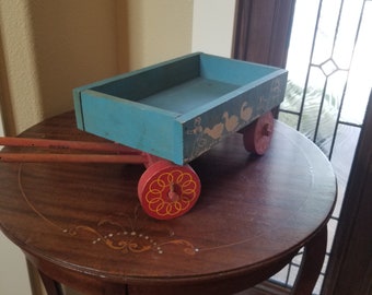 Really Charming Vintage Midcentury Red White and Blue Painted Wooden Toy Wagon.