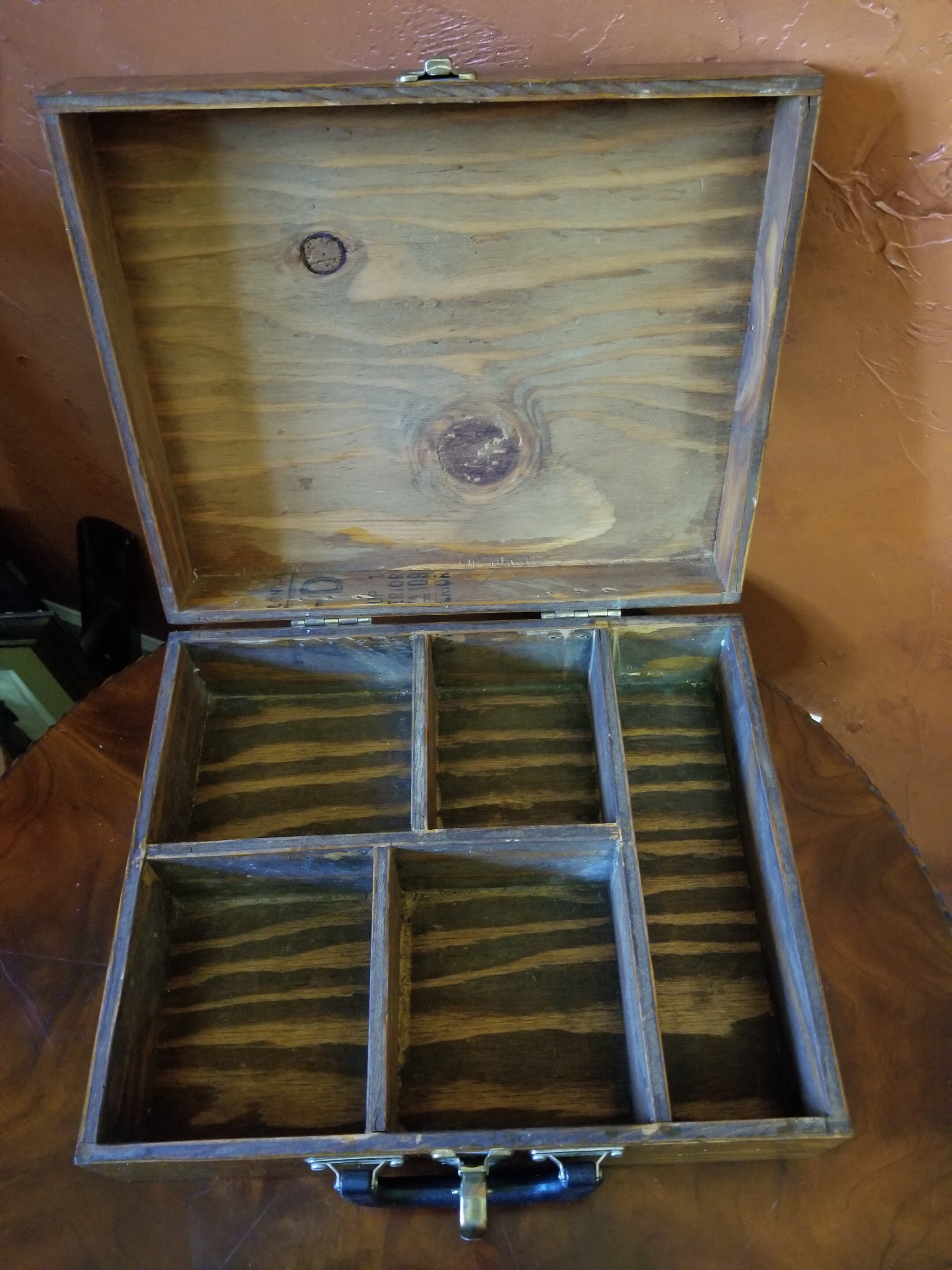 Incredible Hand Crafted, Vintage Wood Suitcase-style Fishing Tackle Box  1940s 