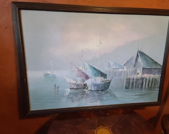 Large, Beautiful, Original Oil on Canvas Painting - 1800s Warf/Nautical Scene