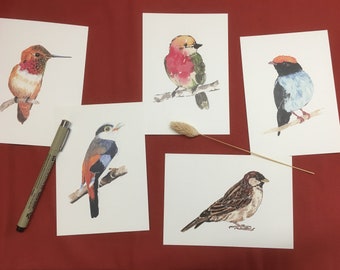 Lot de 5 cartes postales d'oiseaux à l'aquarelle - Lot 1