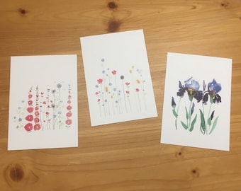 Set mit 3 Aquarell-Blumenpostkarten