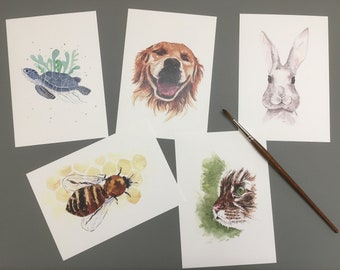 Lot de 5 cartes postales d'animaux à l'aquarelle - Lot 2