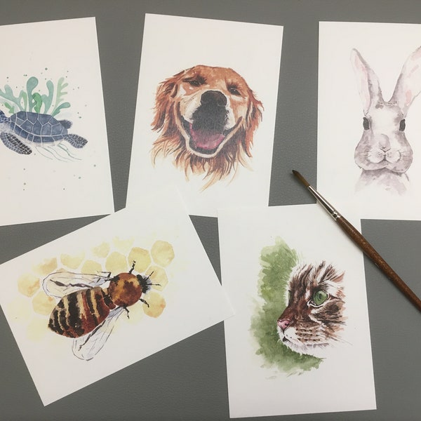 Lot de 5 cartes postales d'animaux à l'aquarelle - Lot 2