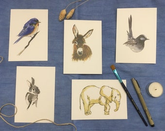 Lot de 5 cartes postales d'animaux à l'aquarelle - Lot 1