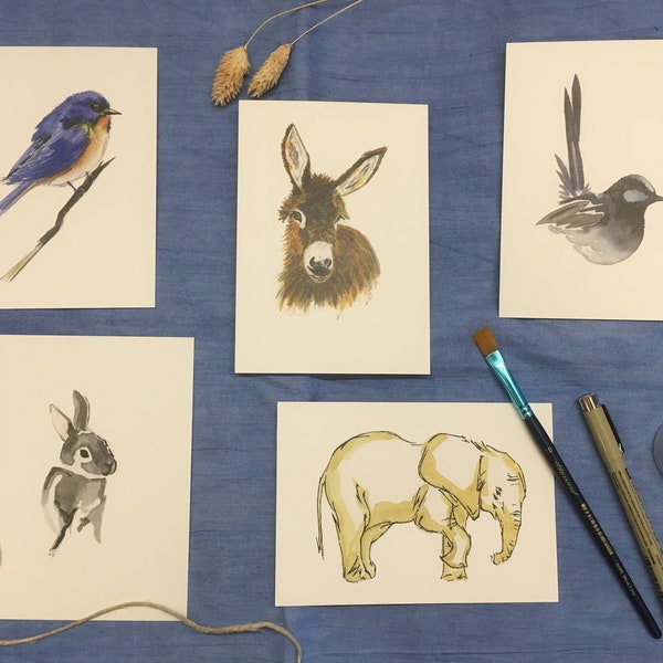 Lot de 5 cartes postales d'animaux à l'aquarelle - Lot 1