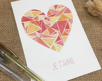 Carte JE T'AIME à l'aquarelle