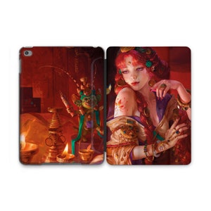 May include: A woman with red hair and gold jewelry sits in a red room. She wears a purple and gold dress and has a lotus flower tattoo on her arm. A small green creature with gold coins on its head sits on a stool in the background.