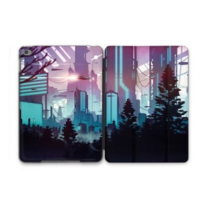 May include: A digital illustration of a futuristic city skyline with tall buildings and flying vehicles. The city is set against a purple and blue sky with a glowing light in the distance. The foreground features a dark forest of trees.