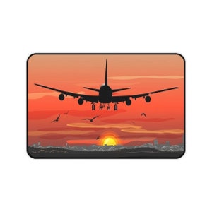 Sonnenuntergang Flugzeug Landung Schreibtischmatte Rote Schreibtischunterlage Moderne Schreibtischunterlage Digital Art Schreibtisch Deko Gaming Mauspad Große Mausmatte XXL Schreibtischmatte