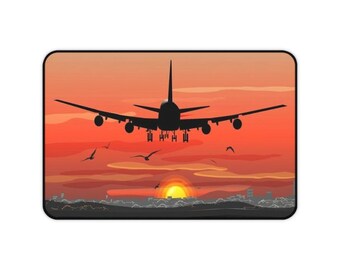 Sunset Airplane Landing  Desk Mat Red Sunset Desk Pad Modern Desk Mat Digital Art Desk Décor Gaming Mouse Pad Large Mouse Mat XXL Desk Mat
