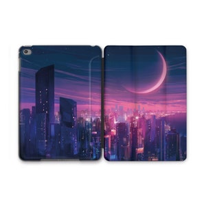 May include: A purple and blue cityscape with a crescent moon in the sky. The city is lit up with lights and the sky is a gradient of pink and purple.