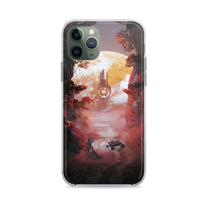 May include: A clear phone case with a colorful image of a futuristic landscape. The image features a large, glowing orb, a tall structure, and a figure standing in the foreground. The case is designed for an iPhone.