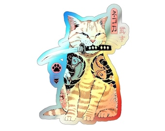 Cat Samurai Die-cut Laptop Sticker Car Stickers Glitter Skin Fridge Sticker Japanese Pop Art Design Vinyl Skin Sticker Stick to Any Surface
