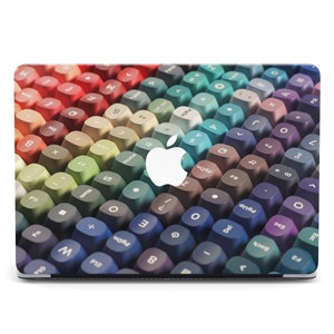 May include: A colourful laptop skin with a rainbow keyboard design and a white Apple logo. The keys are arranged in a staggered pattern.