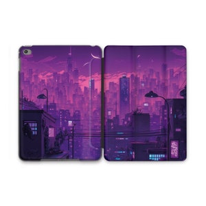 May include: A purple and pink cityscape at night with a crescent moon in the sky. The cityscape is lit up with neon lights and streetlights. The image is split into two parts, with the left side showing a closer view of the cityscape and the right side showing a more distant view.