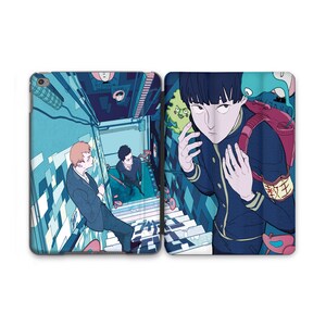 May include: An illustration of three characters from the anime Mob Psycho 100. The characters are standing on a staircase in a blue and white building. The character in the foreground is wearing a blue uniform with a red armband. The character in the background is wearing a black suit. The character in the middle is wearing a black suit and a white shirt. The background is a blue and white building with a staircase.