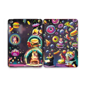 May include: A colourful iPad case with a psychedelic design featuring dogs, doughnuts, and other food items. The case has a black background with bright neon colours.