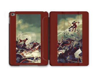Puede incluir: Una funda para iPad roja y marrón con un gráfico de una persona con un traje rojo saltando sobre una pila de escombros. El fondo es de color verde y marrón descolorido.