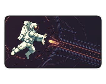 Peut inclure: Un astronaute dans une combinaison spatiale blanche sur un fond noir. L'astronaute tend la main droite vers un trait de lumière orange et jaune vif. L'arrière-plan est bleu foncé avec des lignes blanches et des étoiles.