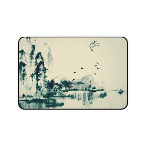 Flying Mountains Desk Mat Pond Tale Desk Pad Modern Desk Mat Chinese Traditional Art Pad Décor Gaming Mouse Desk Mat X Large